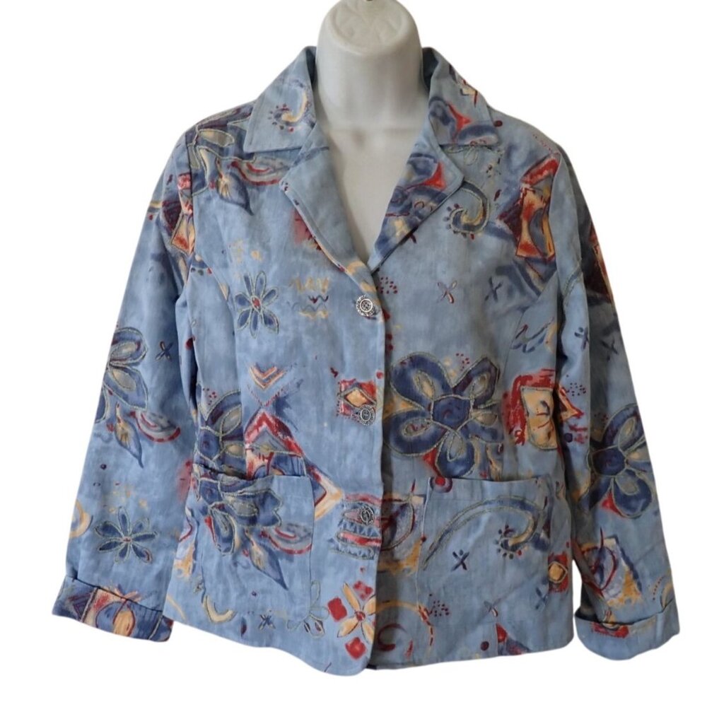 Parsley & Sage Floral Blazer Jacket women S Blue‎ Art To Wear Boho Casual